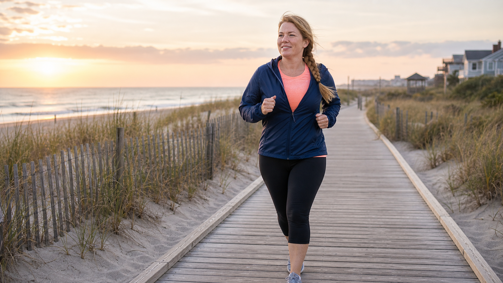 Woman jogging on a beach boardwalk at sunrise